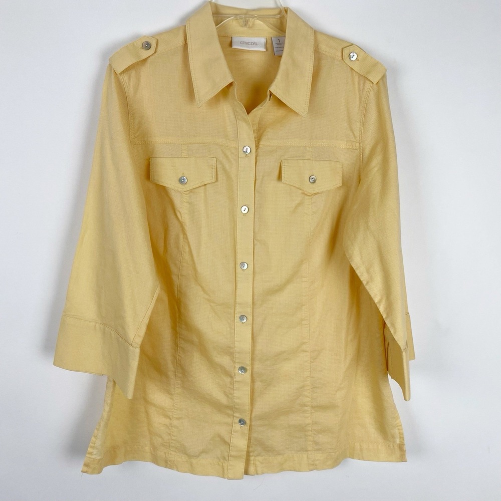 Chicos Ripstop Utility Epaulet Button Down Shirt Womens 8 Chicos 1 Pale Yellow - Picture 1 of 5